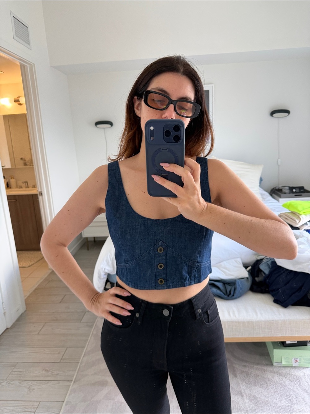 Denim Button-Accent Crop Tank Top Corset Style